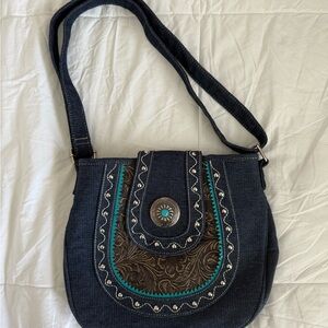 Western Denim Shoulder Bag with Turquoise Accents